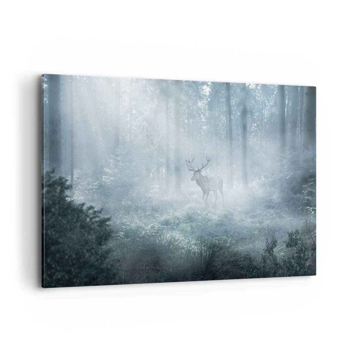 Impression sur toile - Image sur toile - Un cerf dans une forêt dense enveloppée de brume matinale - 100x70cm - Visite matinale du domaine - Décoration murale moderne pour le salon et la chambre ARTTOR