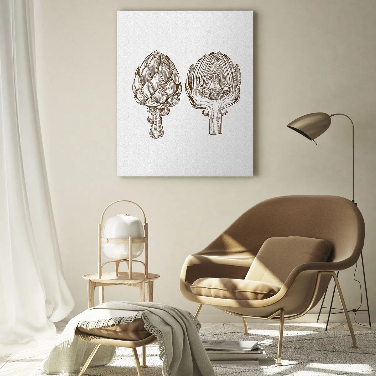 Impression sur verre - Image sur verre - Dessin botanique d'un artichaut dans son intégralité et en coupe transversale - 50x70cm - Leçon d’anatomie - Décoration murale moderne pour le salon et la chambre ARTTOR