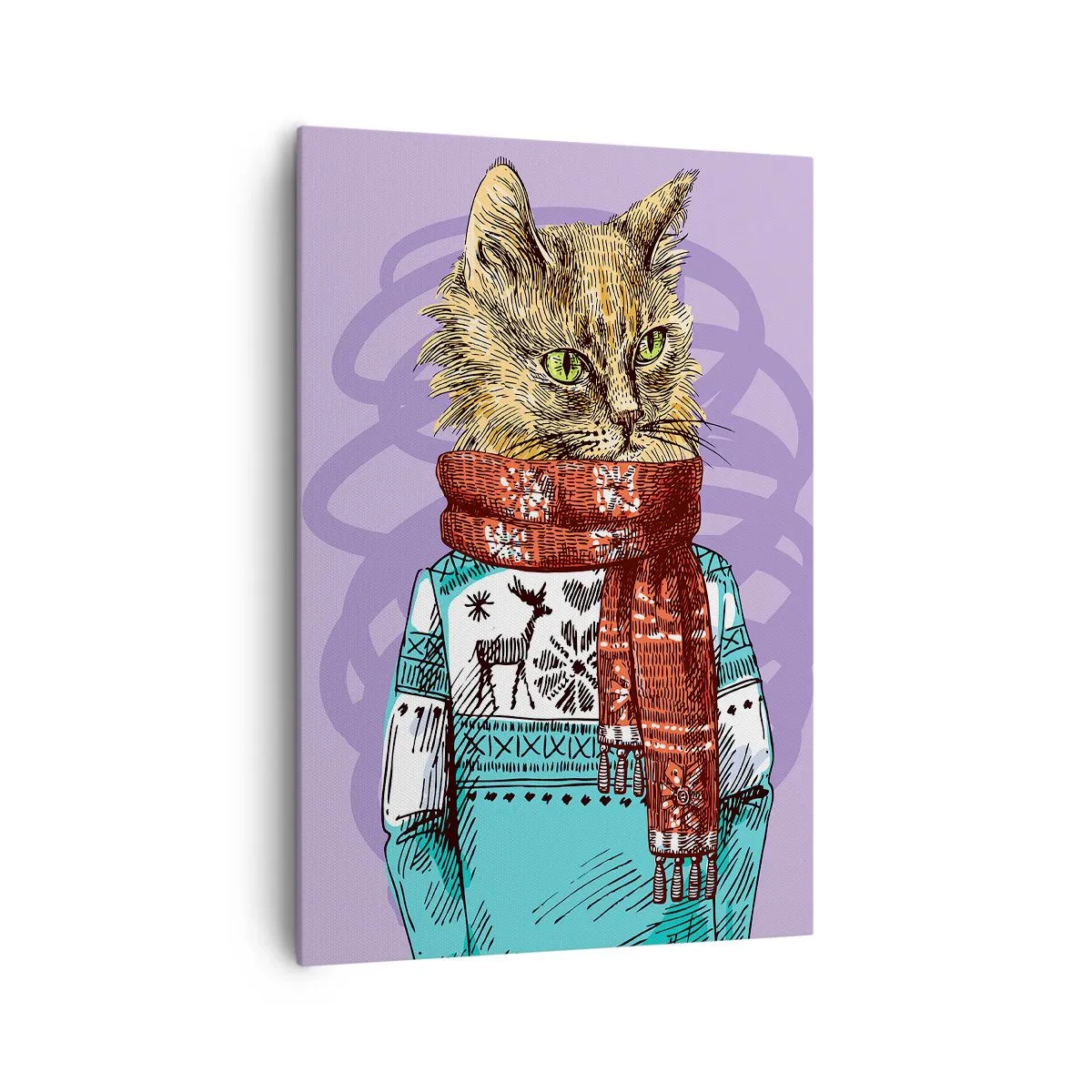Impression sur toile - Image sur toile - Un chat en pull et écharpe sur fond violet - 70x100cm - Le chat, pas uniquement dans les chaussures - Décoration murale moderne pour le salon et la chambre ARTTOR