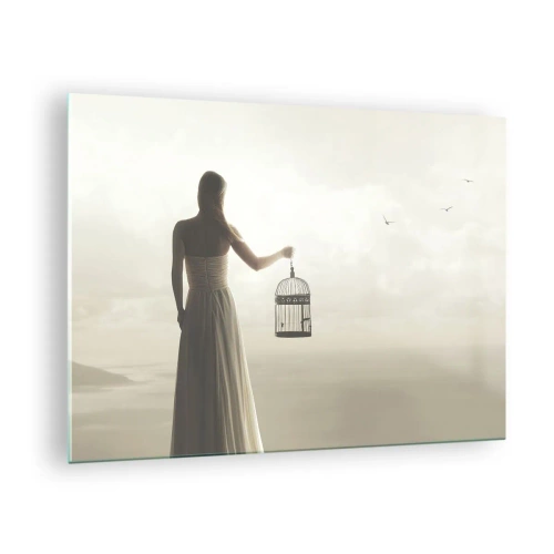 Impression sur verre - Image sur verre - Une femme avec une cage regardant les oiseaux s'envoler dans le ciel - 70x50cm - Soi libre - Décoration murale moderne pour le salon et la chambre ARTTOR