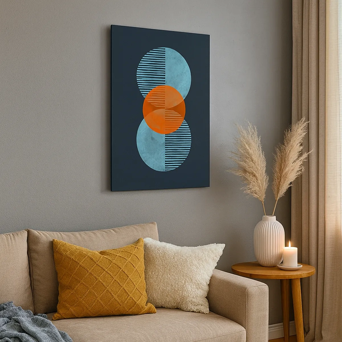 Impression sur toile - Image sur toile - Cercles géométriques dans les tons bleu et orange - 50x70cm - Composition symétrique - Décoration murale moderne pour le salon et la chambre ARTTOR