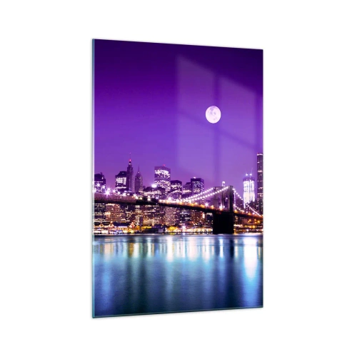Impression sur verre - Image sur verre - Pont de Brooklyn la nuit avec la ville illuminée et la pleine lune - 70x100cm - Lumières de grande ville en violet - Décoration murale moderne pour le salon et la chambre ARTTOR