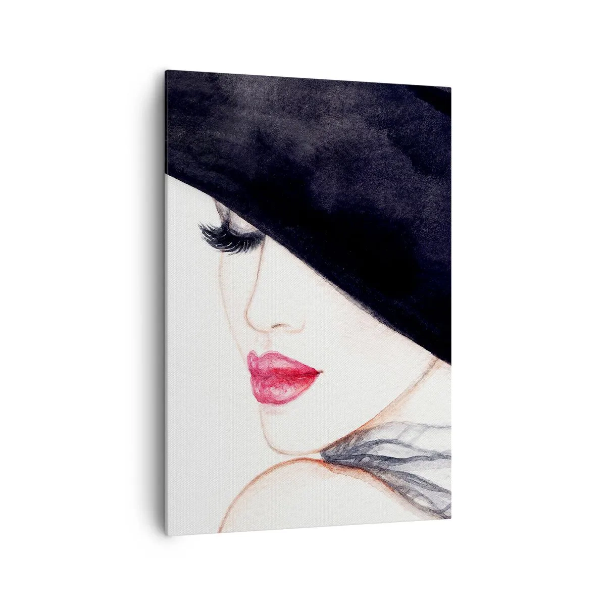 Impression sur toile - Image sur toile - Une illustration subtile d'une femme portant un chapeau noir et des lèvres rouges - 70x100cm - Élégance et sensualité - Décoration murale moderne pour le salon et la chambre ARTTOR