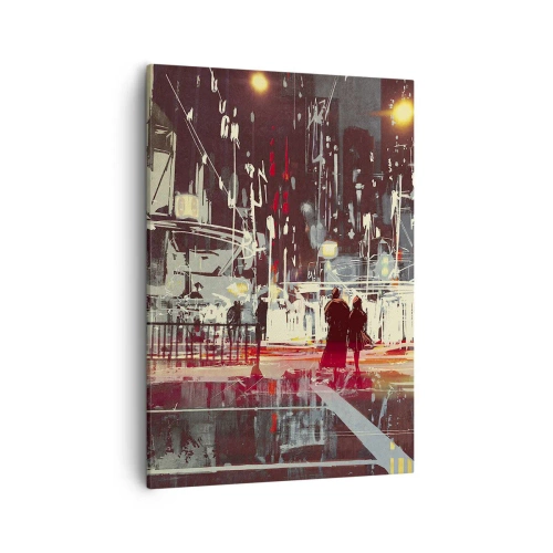 Impression sur toile - Image sur toile - Ville la nuit avec des néons et des silhouettes de personnes dans la rue - 50x70cm - Une grande traversée de ville - Décoration murale moderne pour le salon et la chambre ARTTOR