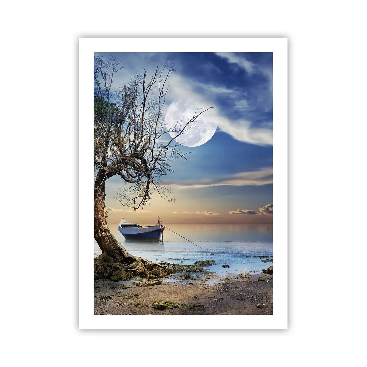 Affiche - Poster - Paysage avec un bateau, un arbre et la lune sur fond d'eau calme - 50x70cm - Est-ce la fin ou le début ? - Décoration murale moderne pour le salon et la chambre ARTTOR
