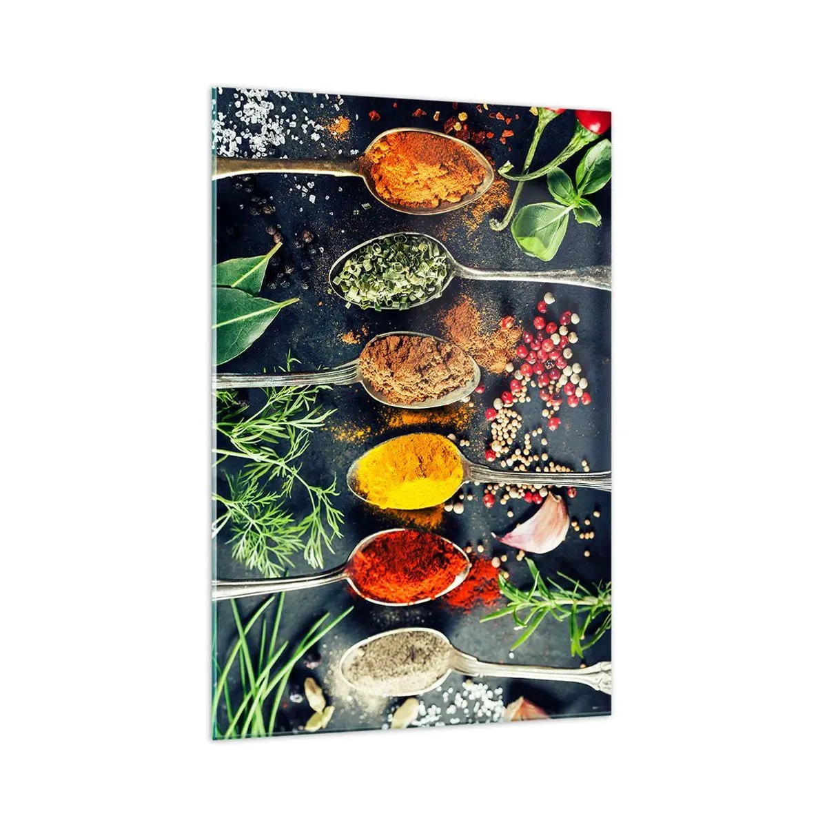 Impression sur verre - Image sur verre - Épices colorées sur des cuillères avec des herbes en arrière-plan - 70x100cm - Magie culinaire - Décoration murale moderne pour le salon et la chambre ARTTOR
