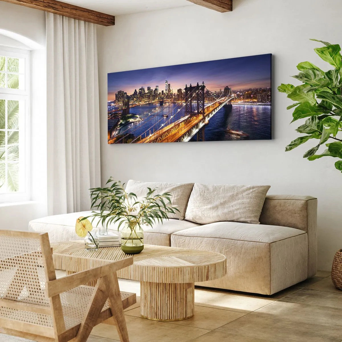 Impression sur toile - Image sur toile - Le pont et le panorama de la ville au coucher du soleil - 140x50cm - Un pont lumineux au cœur de la ville - Décoration murale moderne pour le salon et la chambre ARTTOR