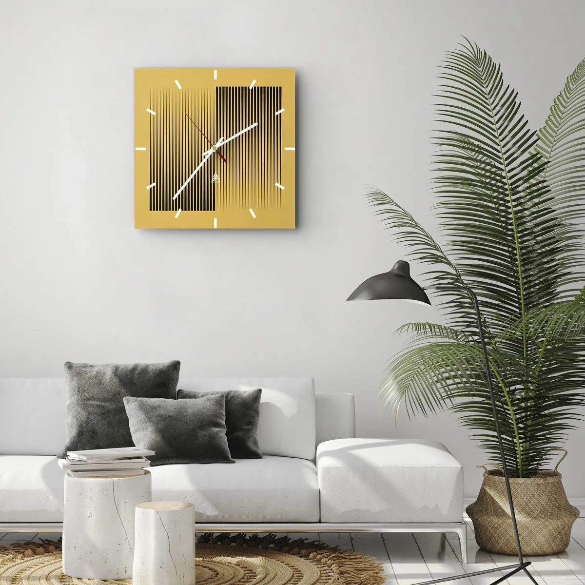 Horloge murale - Pendule murale - Lignes noires verticales sur fond jaune - 30x30cm - Cadre opposé - Décoration murale moderne pour le salon et la chambre ARTTOR