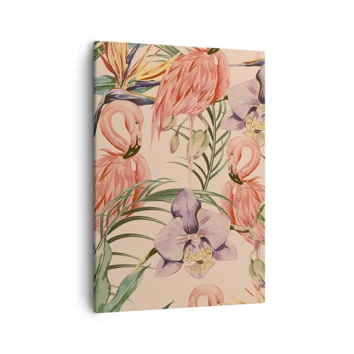 Impression sur toile - Image sur toile - Flamants roses et fleurs tropicales sur fond clair - 50x70cm - Ballet rose dans les fleurs - Décoration murale moderne pour le salon et la chambre ARTTOR