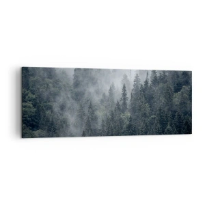 Impression sur toile - Image sur toile - Forêt de conifères brumeuse aux tons gris et verts - 140x50cm - Aube de la forêt - Décoration murale moderne pour le salon et la chambre ARTTOR