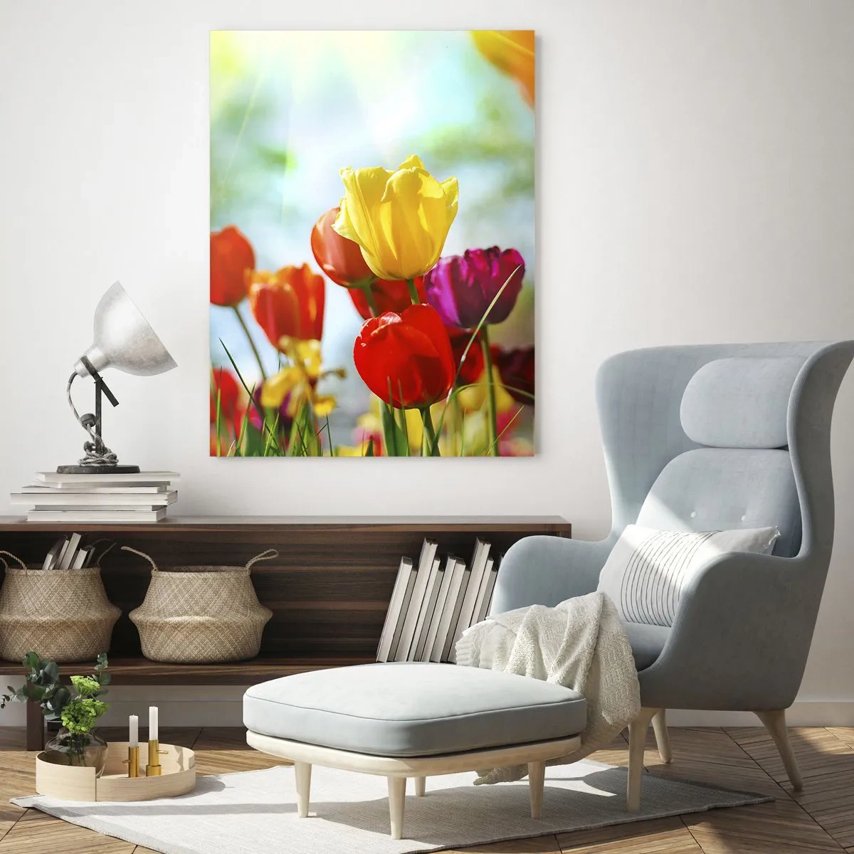 Impression sur verre - Image sur verre - Tulipes colorées au soleil - 70x100cm - Toutes les couleurs du soleil - Décoration murale moderne pour le salon et la chambre ARTTOR