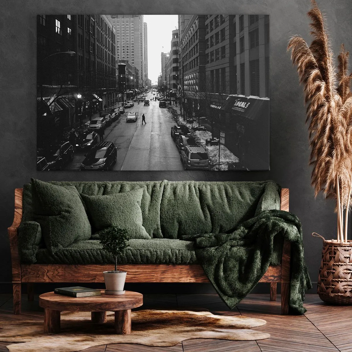 Impression sur toile - Image sur toile - Une rue en noir et blanc au milieu de la ville avec des voitures et des piétons - 100x70cm - Un autre jour comme tous les autres jours - Décoration murale moderne pour le salon et la chambre ARTTOR