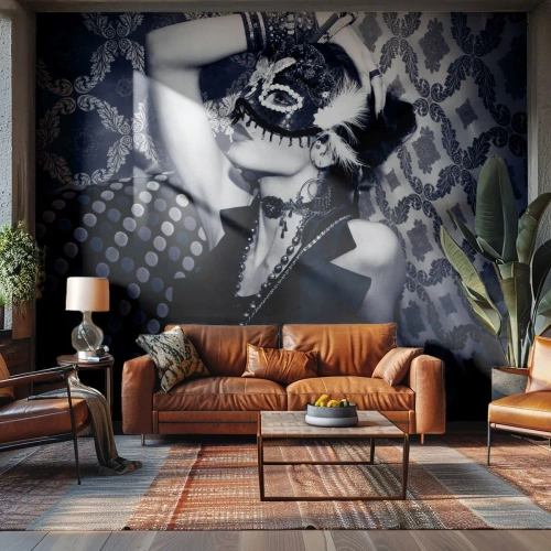 Papier Peint Photo Premium Sand - Une femme portant un masque décoratif sur fond de papier peint à motifs. - 100x70cm - Décorations, ornements, motifs… - Décoration murale moderne pour le salon et la chambre ARTTOR