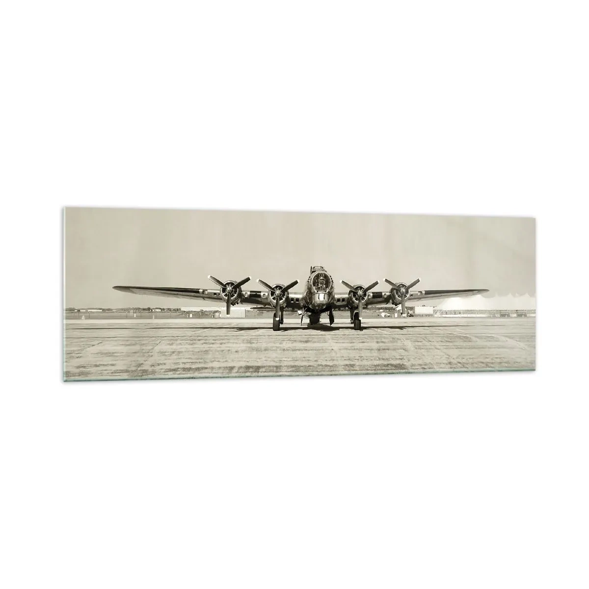 Impression sur verre - Image sur verre - Avion historique à l'aéroport en sépia - 160x50cm - Toujours prêt! - Décoration murale moderne pour le salon et la chambre ARTTOR