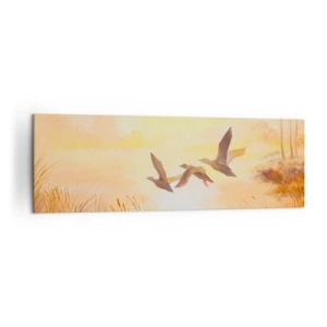 Impression sur toile - Image sur toile - Canards volant au lever du soleil au-dessus du lac - 160x50cm - Le début d'un long voyage - Décoration murale moderne pour le salon et la chambre ARTTOR