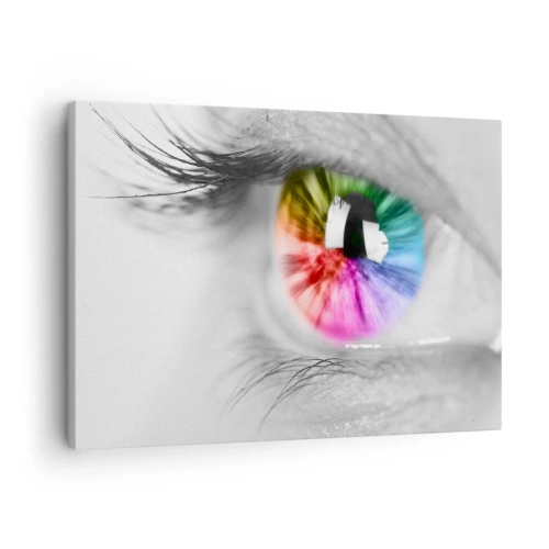 Impression sur toile - Image sur toile - Prise de vue artistique d'un œil avec un iris arc-en-ciel sur fond gris - 70x50cm - Regarde le monde en couleur - Décoration murale moderne pour le salon et la chambre ARTTOR