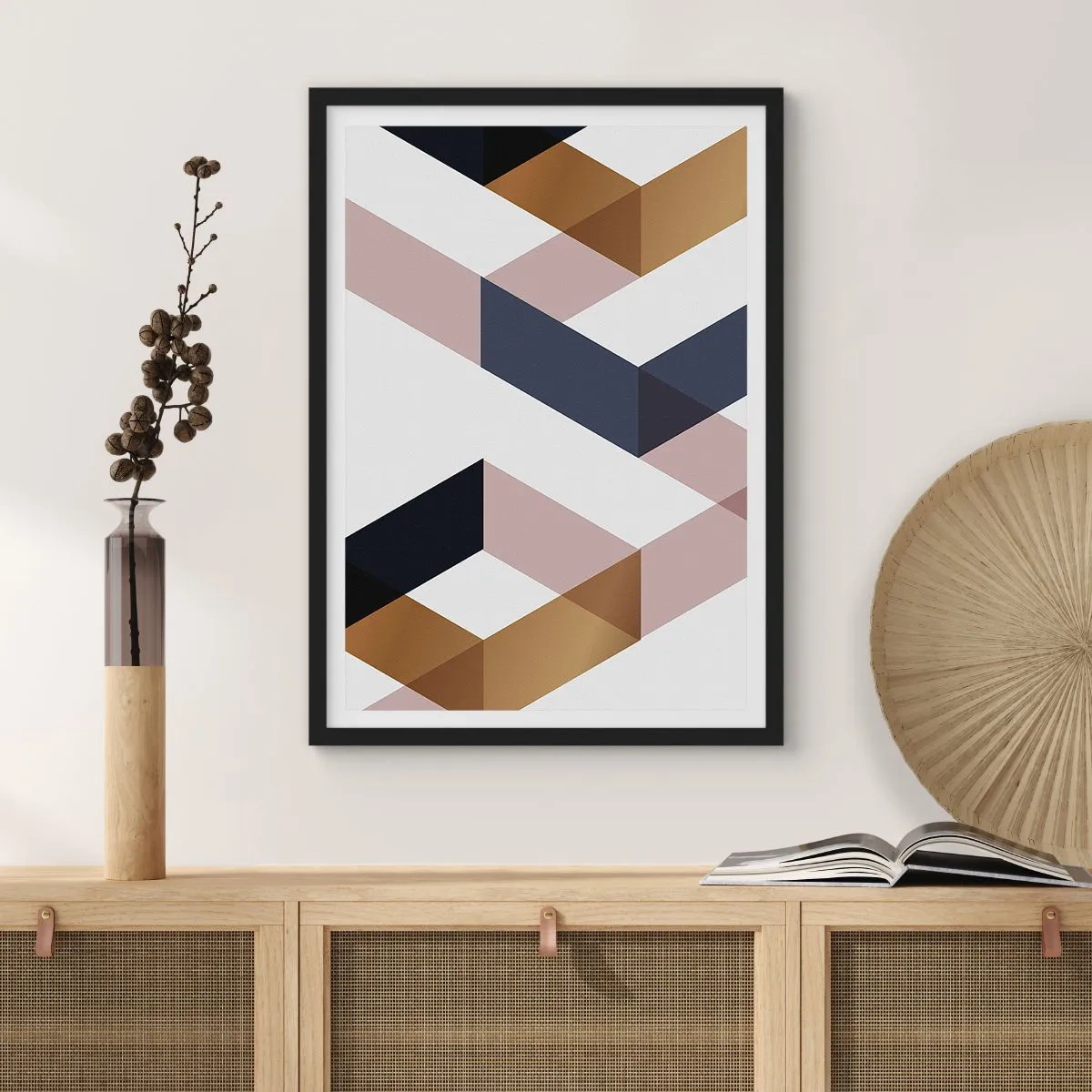 Affiche dans un cadre noir - Poster - Formes géométriques dans les tons or, noir et beige - 50x70cm - Plats et angles - Décoration murale moderne pour le salon et la chambre ARTTOR