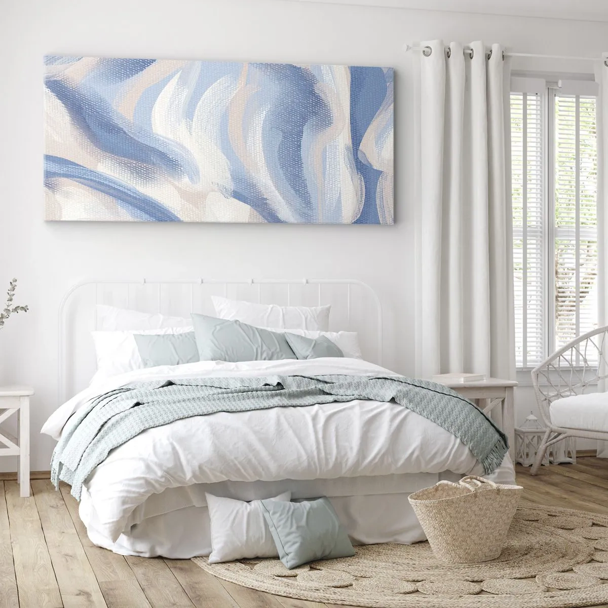 Impression sur toile - Image sur toile - Coups de pinceau abstraits dans des tons de bleu et de beige - 120x50cm - Vagues bleues - Décoration murale moderne pour le salon et la chambre ARTTOR
