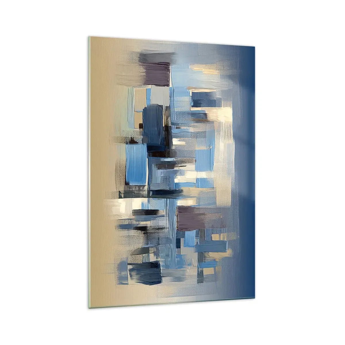 Impression sur verre - Image sur verre - Formes géométriques dans les tons de bleu et de beige - 70x100cm - Construction bleue - Décoration murale moderne pour le salon et la chambre ARTTOR