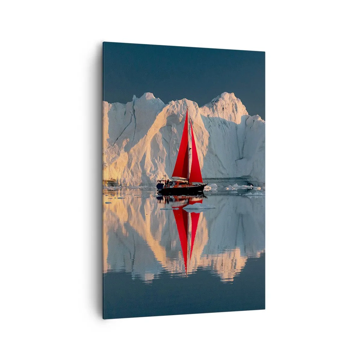 Impression sur toile - Image sur toile - Un voilier avec une voile rouge sur fond de glacier - 80x120cm - Aux limites du monde - Décoration murale moderne pour le salon et la chambre ARTTOR