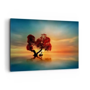 Impression sur toile - Image sur toile - Un arbre à feuilles rouges et un bateau sur l'eau au coucher du soleil - 120x80cm - Plénitude et éloignement sans monde - Décoration murale moderne pour le salon et la chambre ARTTOR