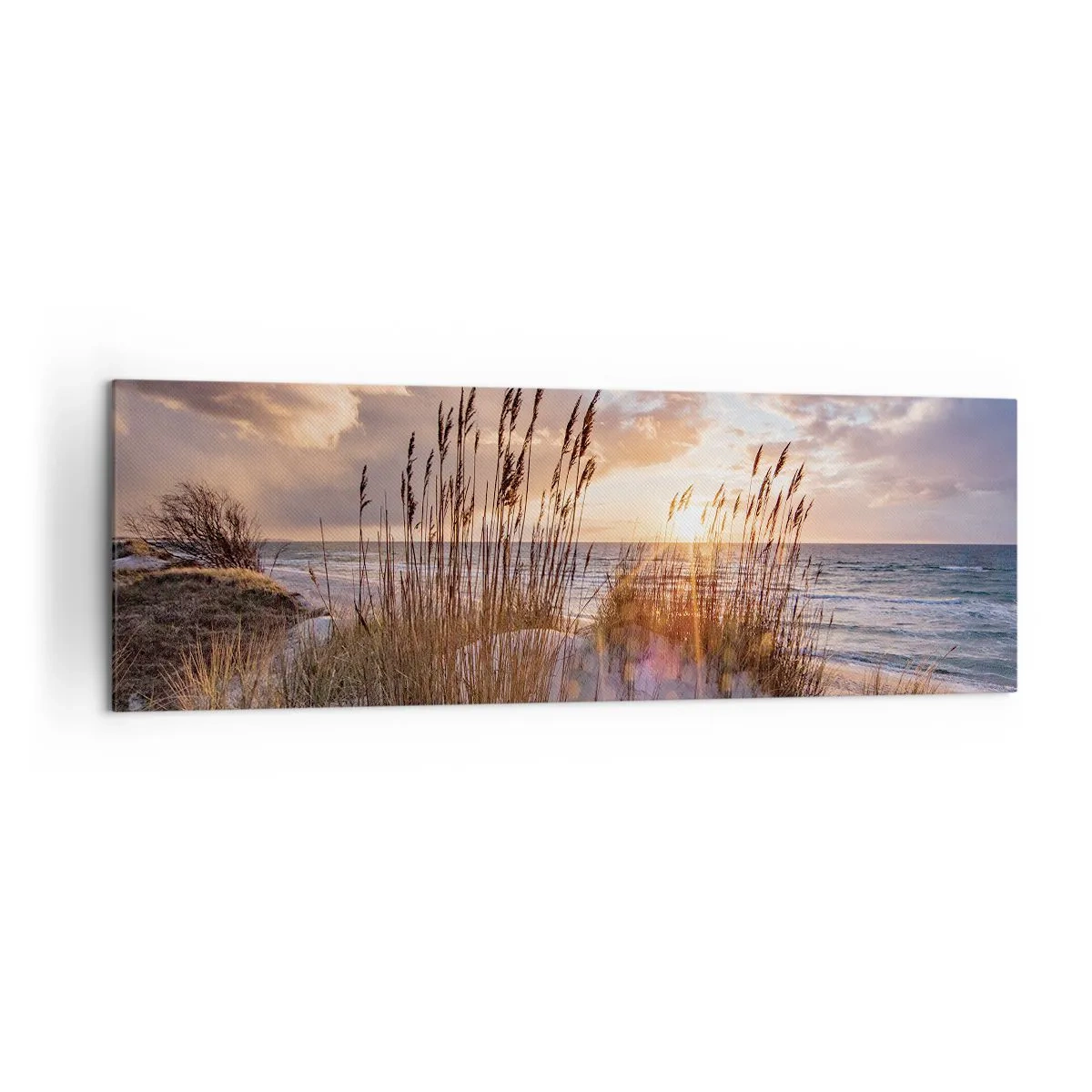 Impression sur toile - Image sur toile - Dunes avec des herbes sur fond de soleil couchant - 160x50cm - Salutations du soleil et du vent - Décoration murale moderne pour le salon et la chambre ARTTOR