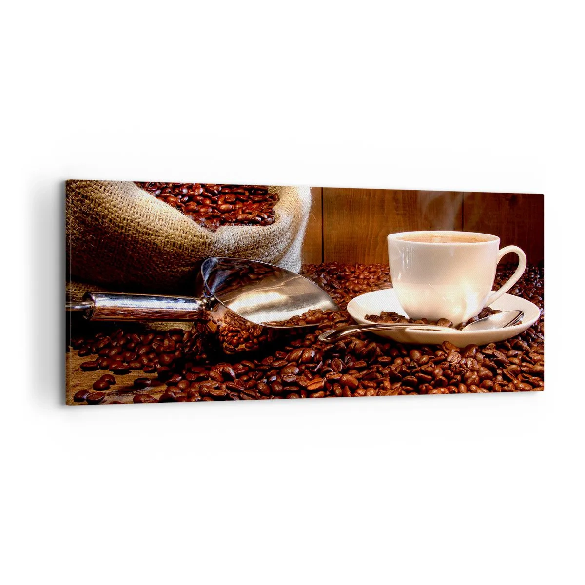 Impression sur toile - Image sur toile - Une tasse de café avec des grains de café et un sac de céréales en arrière-plan - 120x50cm - Sentez-vous cette odeur? - Décoration murale moderne pour le salon et la chambre ARTTOR