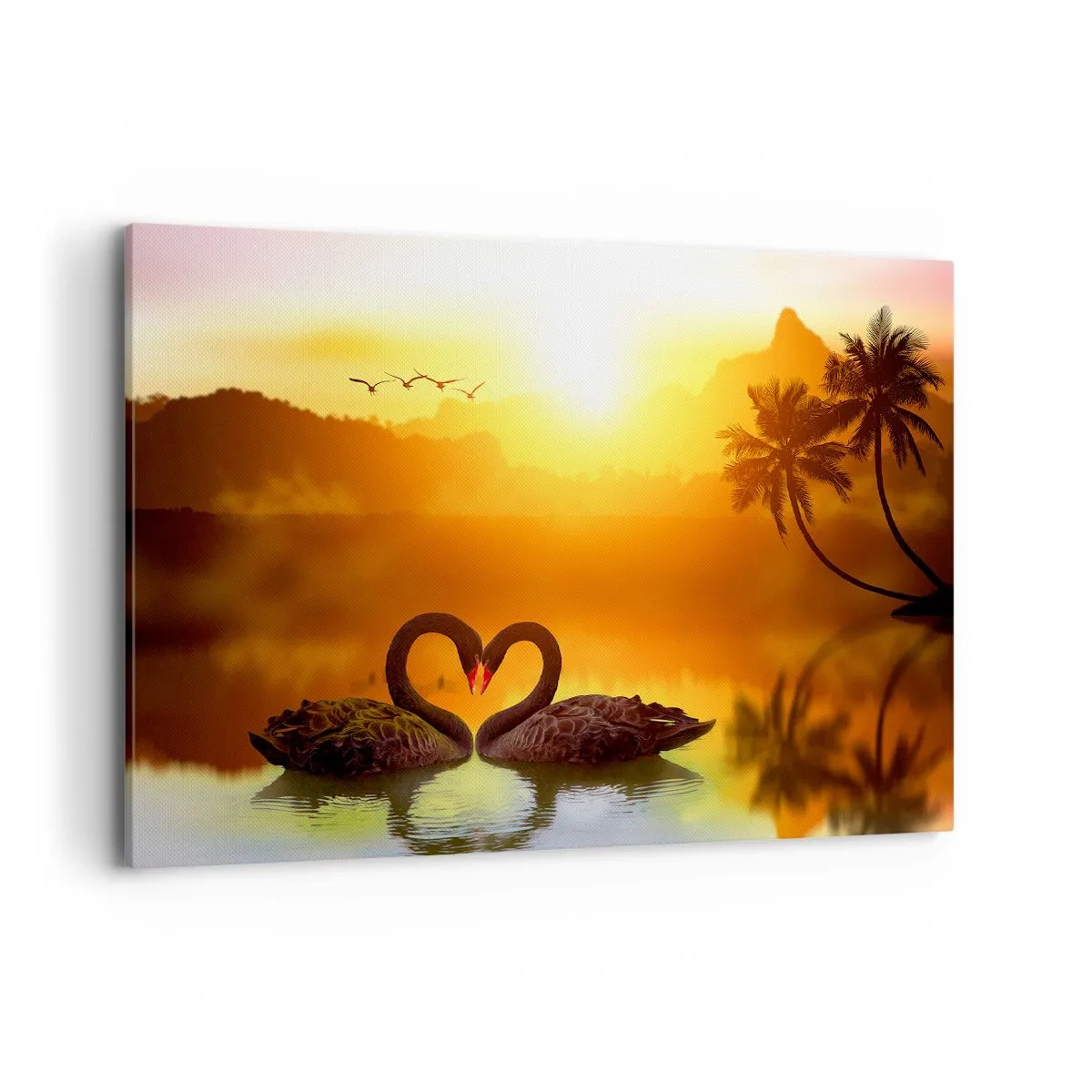 Impression sur toile - Image sur toile - Deux cygnes noirs formant un cœur sur fond de coucher de soleil sur un lac - 100x70cm - Tout va ensemble - Décoration murale moderne pour le salon et la chambre ARTTOR