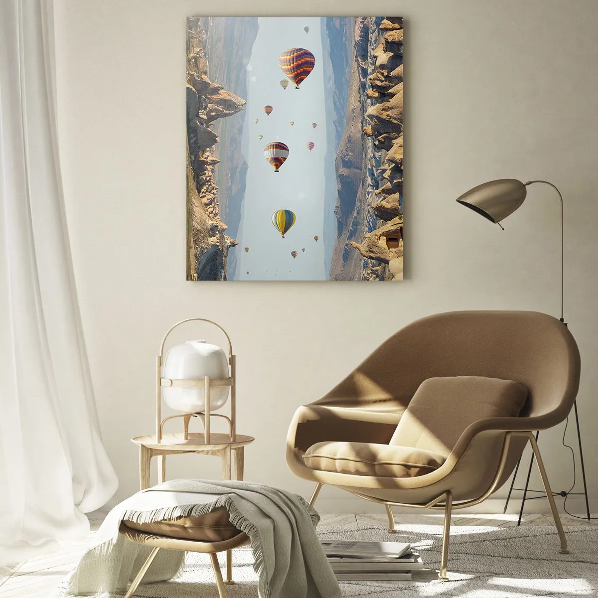 Impression sur verre - Image sur verre - Ballons colorés au-dessus d'un paysage rocheux - 70x100cm - Ici, tout est possible - Décoration murale moderne pour le salon et la chambre ARTTOR