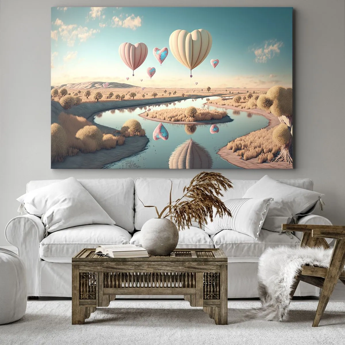 Impression sur toile - Image sur toile - Des ballons en forme de cœur flottant au-dessus du paysage - 120x80cm - L'amour te permet de t'élever - Décoration murale moderne pour le salon et la chambre ARTTOR