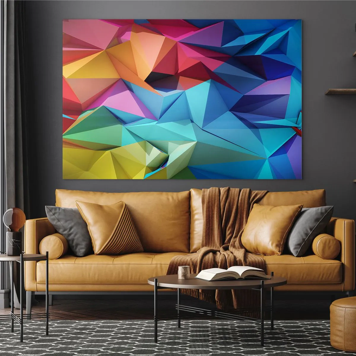 Impression sur verre - Image sur verre - Composition géométrique aux nuances intenses et multicolores - 70x50cm - Origami arc-en-ciel - Décoration murale moderne pour le salon et la chambre ARTTOR