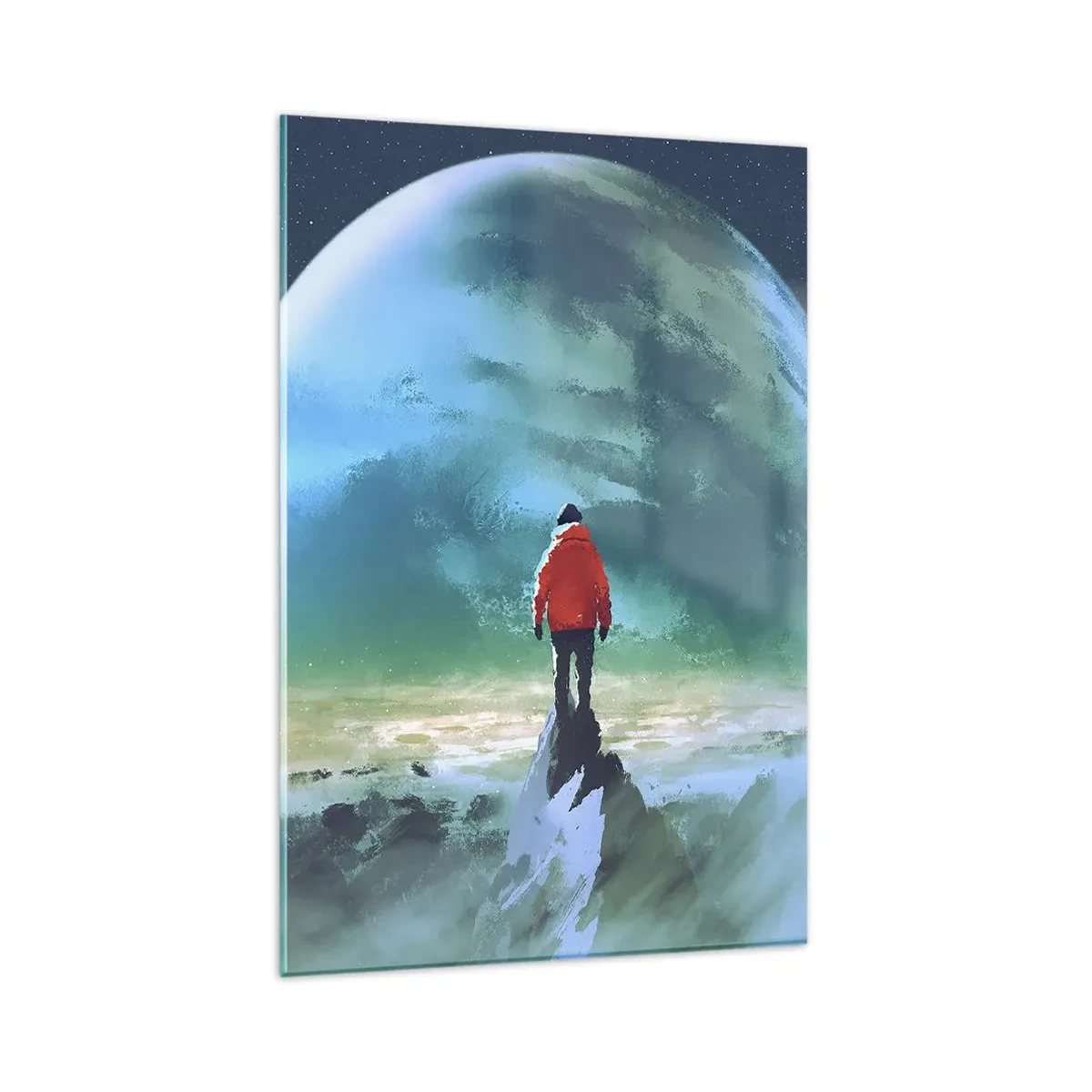 Impression sur verre - Image sur verre - Un homme portant une veste rouge debout devant une grande planète avec des étoiles en arrière-plan. - 80x120cm - Explorateur de la nouvelle terre - Décoration murale moderne pour le salon et la chambre ARTTOR