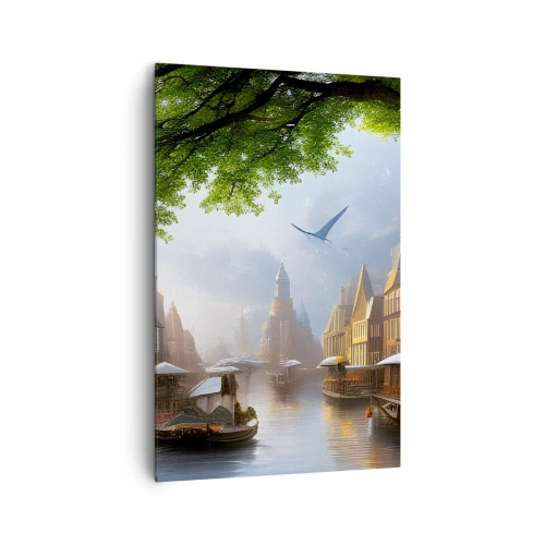 Impression sur toile - Image sur toile - Un paysage hollandais pittoresque avec un canal et des maisons de rapport - 80x120cm - Paysage urbain néerlandais - Décoration murale moderne pour le salon et la chambre ARTTOR