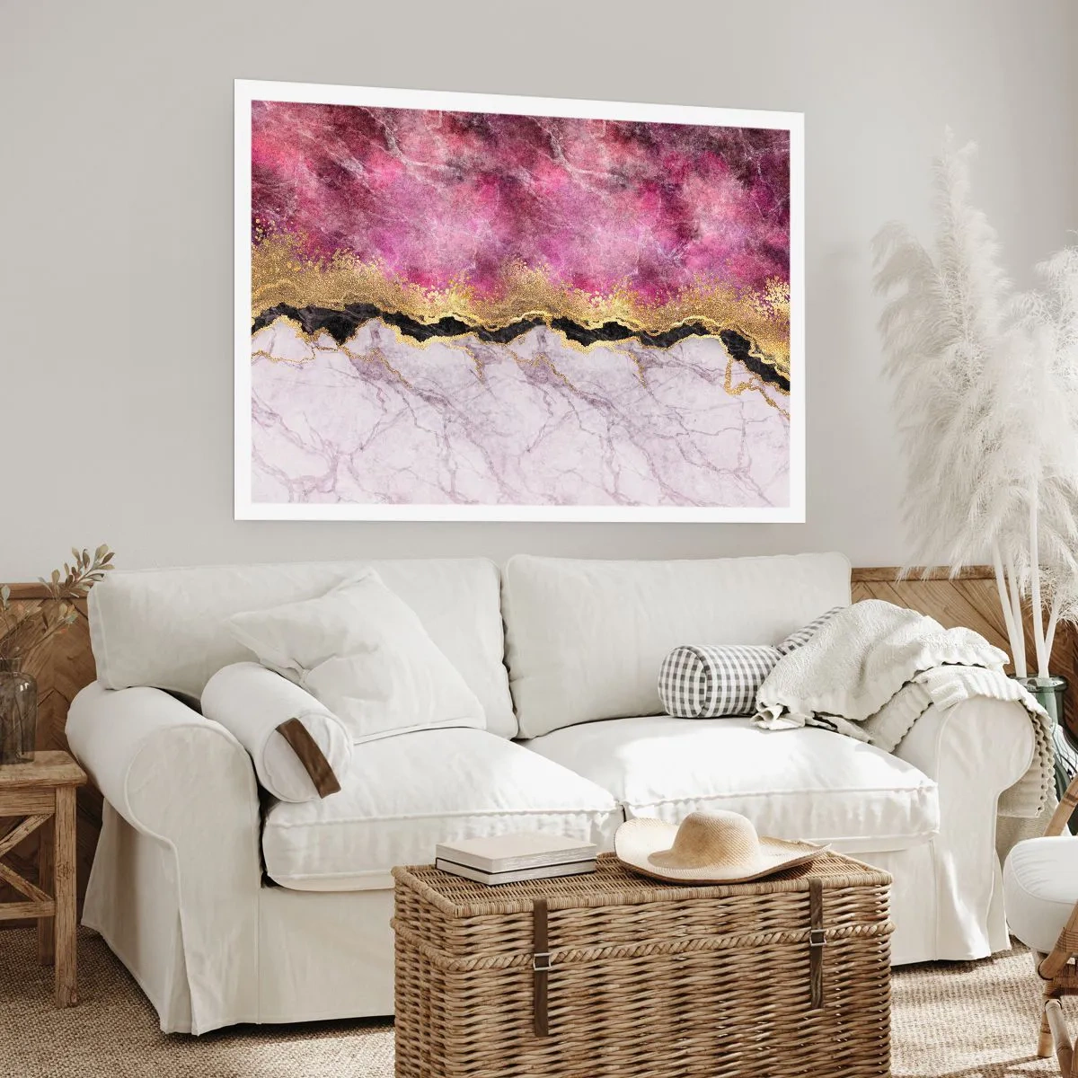 Affiche - Poster - Marbre abstrait dans des tons de rose avec des accents dorés - 100x70cm - À la frontière - Décoration murale moderne pour le salon et la chambre ARTTOR