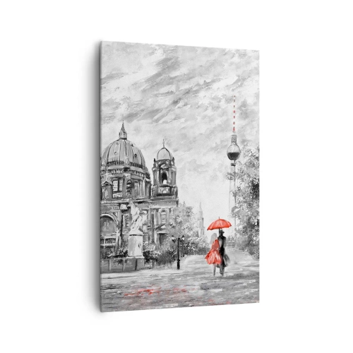 Impression sur toile - Image sur toile - Scène en noir et blanc avec Berlin, un parapluie rouge et un arbre - 80x120cm - Rencontre berlinoise - Décoration murale moderne pour le salon et la chambre ARTTOR