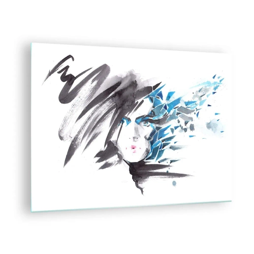 Impression sur verre - Image sur verre - Portrait d'une femme aux accents bleus abstraits - 70x50cm - Portrait sensuel en gris et bleu - Décoration murale moderne pour le salon et la chambre ARTTOR