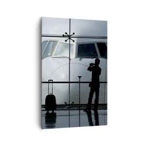 Impression sur toile - Image sur toile - Aéroport avec des silhouettes de personnes et une vue de l'avion - 80x120cm - Vis-à-vis de l'aéroport - Décoration murale moderne pour le salon et la chambre ARTTOR