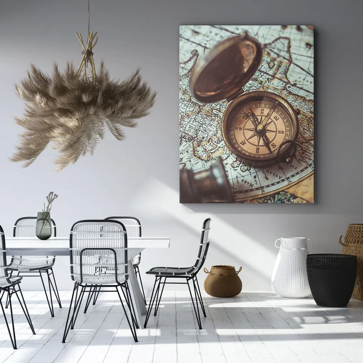 Impression sur toile - Image sur toile - Composition avec une boussole, des clés et une vieille carte dans un style rétro - 70x100cm - Pour ceux qui recherche l'aventure - Décoration murale moderne pour le salon et la chambre ARTTOR