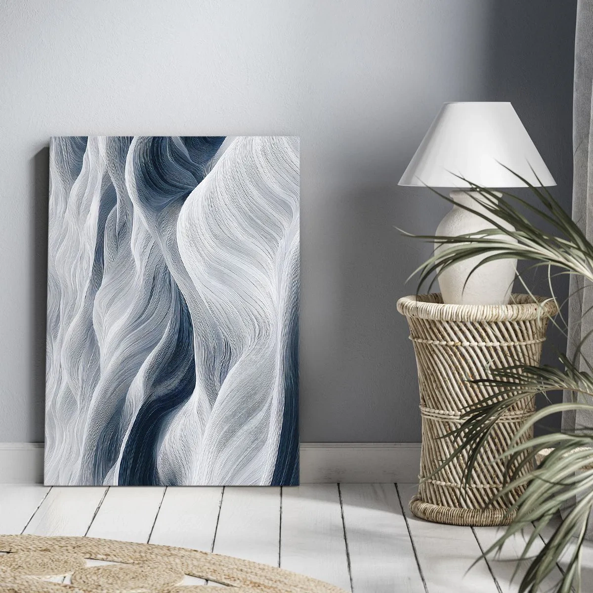 Impression sur toile - Image sur toile - Lignes ondulées dans des tons de bleu et de blanc - 50x70cm - Vagues blanches et bleues - Décoration murale moderne pour le salon et la chambre ARTTOR