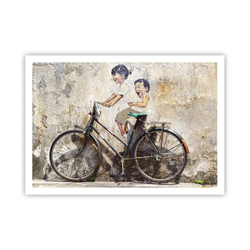 Affiche - Poster - Street art avec un vélo et des dessins d'enfants sur le mur - 100x70cm - Vrai ou faux? - Décoration murale moderne pour le salon et la chambre ARTTOR