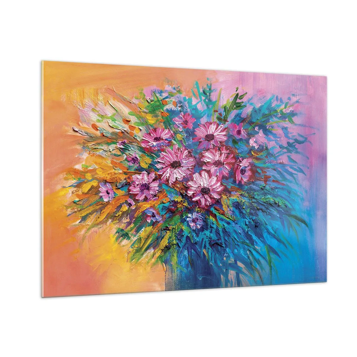 Impression sur verre - Image sur verre - Un bouquet de fleurs roses dans une composition artistique et colorée - 100x70cm - Énergie de la vie - Décoration murale moderne pour le salon et la chambre ARTTOR