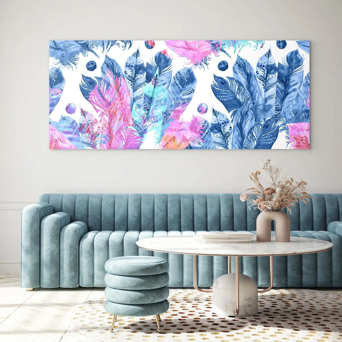 Impression sur verre - Image sur verre - Plumes en rose et bleu - 90x30 cm