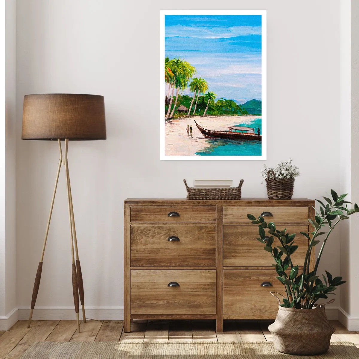 Affiche - Poster - Plage tropicale avec palmiers et un bateau sur le rivage - 50x70cm - Rêve exotique - Décoration murale moderne pour le salon et la chambre ARTTOR