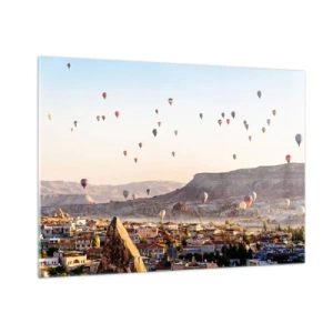 Impression sur verre - Image sur verre - Vol en montgolfière au-dessus de la Cappadoce à la lumière du matin - 100x70cm - Comme des navires dans le ciel - Décoration murale moderne pour le salon et la chambre ARTTOR
