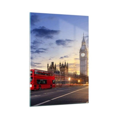 Impression sur verre - Image sur verre - Big Ben et le bus rouge à Londres au coucher du soleil - 50x70cm - Caractères spéciaux - Décoration murale moderne pour le salon et la chambre ARTTOR