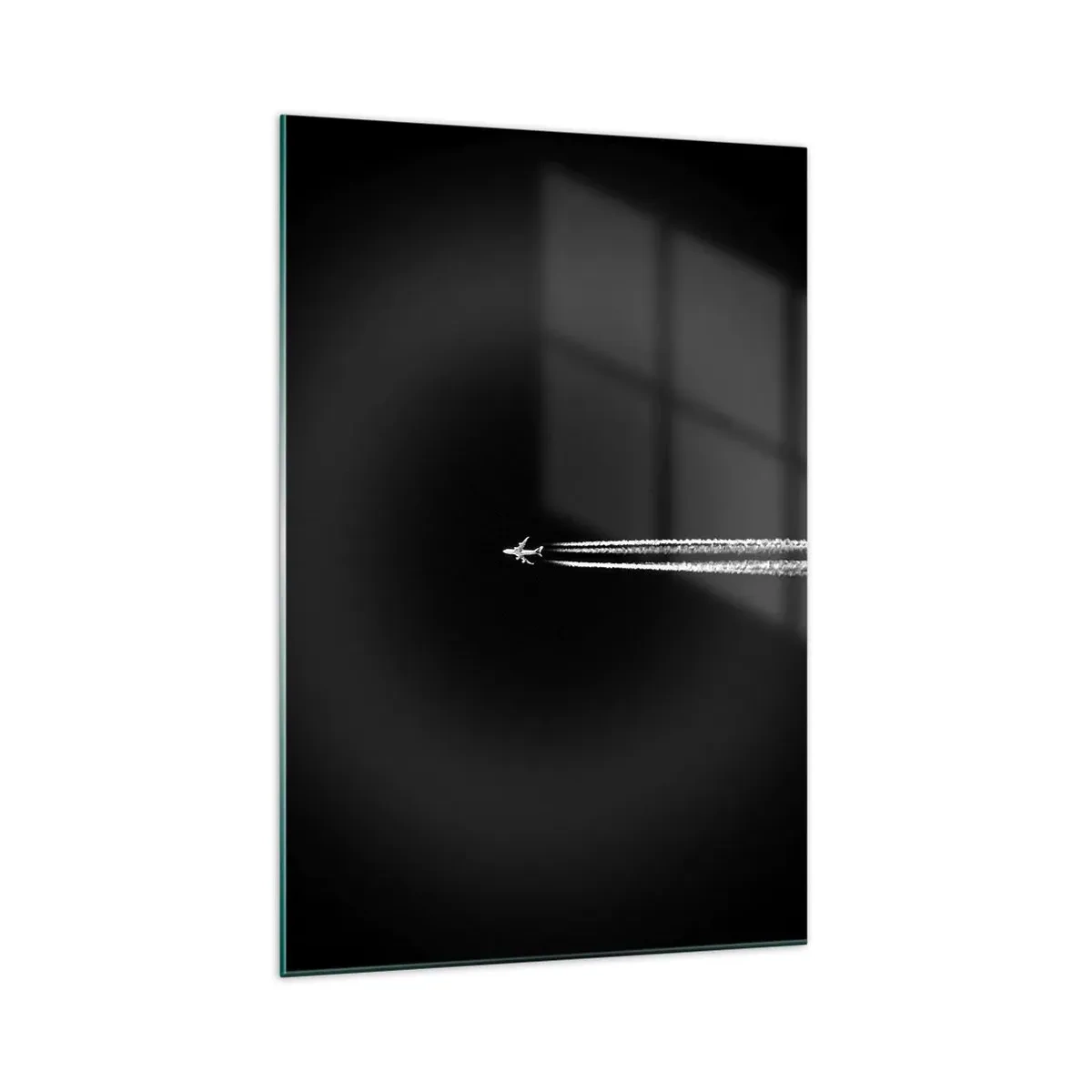Impression sur verre - Image sur verre - Un avion à réaction avec une traînée de condensation visible sur fond noir - 70x100cm - Dans une autre dimension - Décoration murale moderne pour le salon et la chambre ARTTOR