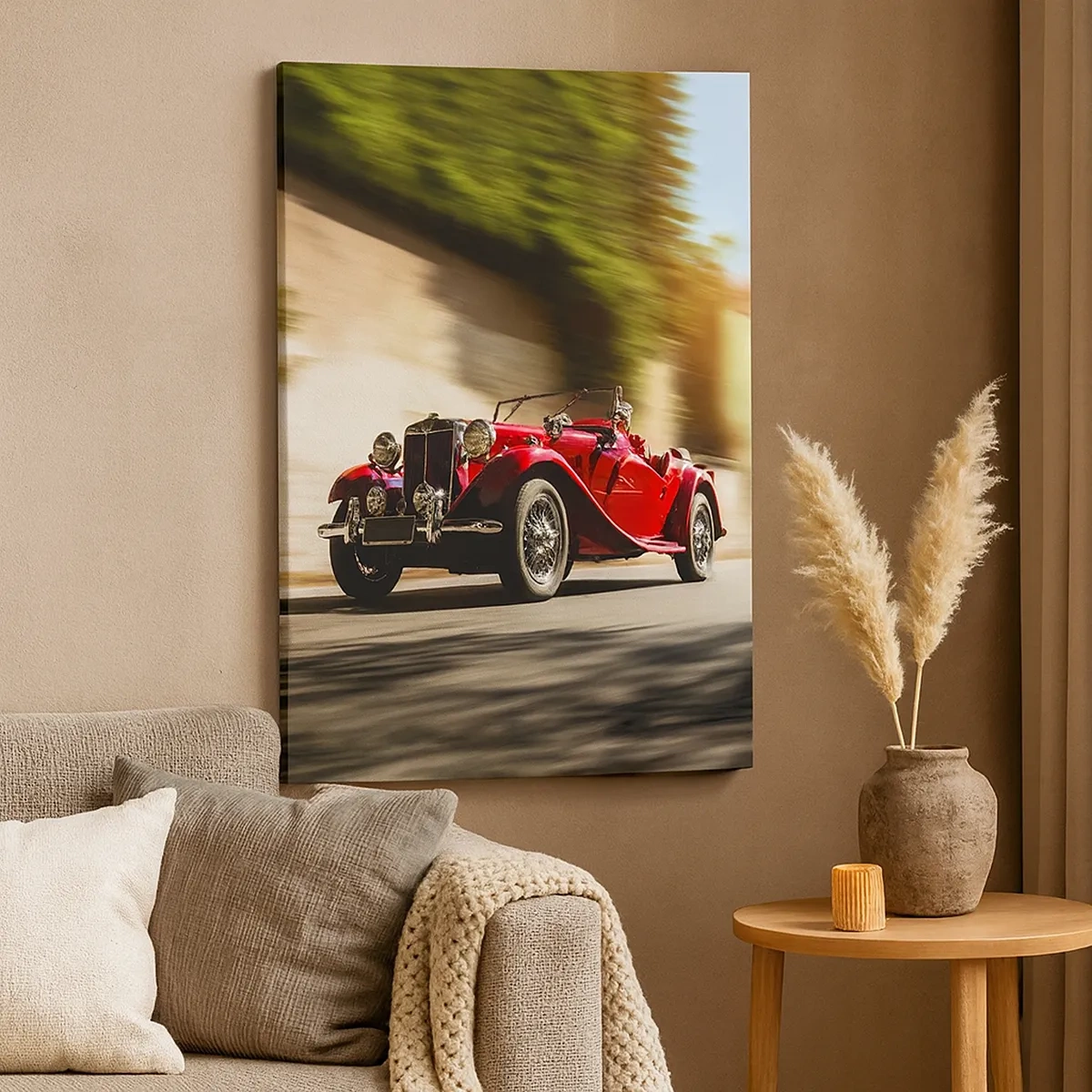 Impression sur toile - Image sur toile - Voiture classique rouge en mouvement dans une rue ensoleillée - 50x70cm - Plus belle que Nike de Samothrace - Décoration murale moderne pour le salon et la chambre ARTTOR