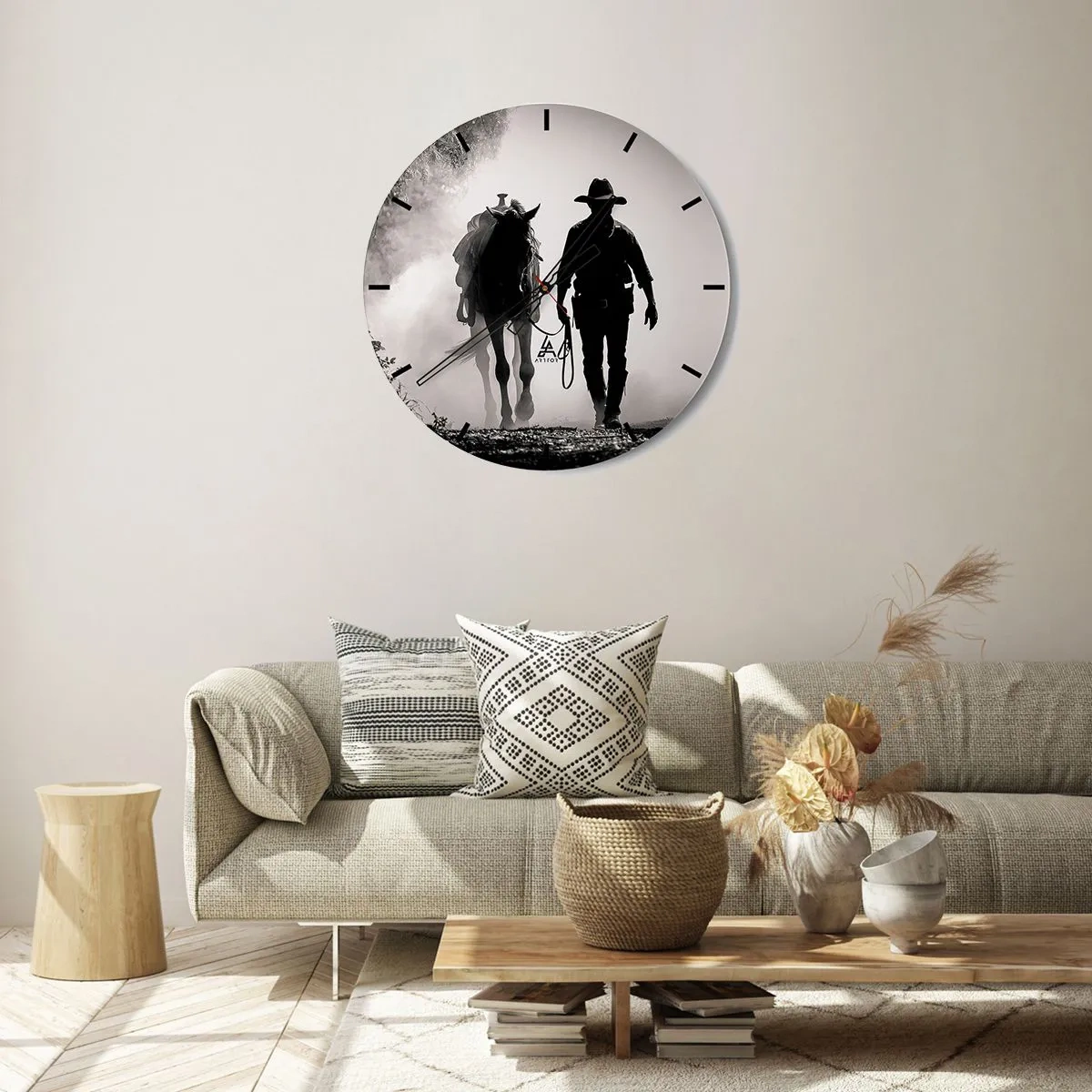 Horloge murale - Pendule murale - Un cow-boy menant son cheval dans le brouillard matinal - 30x30cm - Matinée texane - Décoration murale moderne pour le salon, la cuisine et la chambre ARTTOR