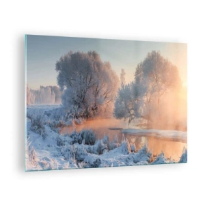 Impression sur verre - Image sur verre - Paysage d'hiver avec un lac gelé et un brouillard matinal - 70x50cm - Tout dans le soleil brille en cristal - Décoration murale moderne pour le salon et la chambre ARTTOR