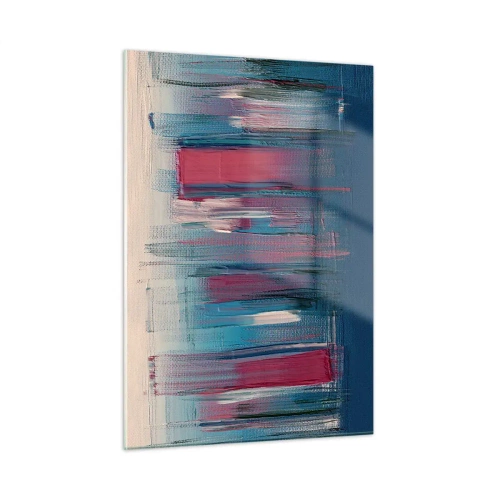 Impression sur verre - Image sur verre - Coups de pinceau verticaux en rouge et bleu sur fond beige - 50x70cm - Composition verticale en bleu et rouge - Décoration murale moderne pour le salon et la chambre ARTTOR